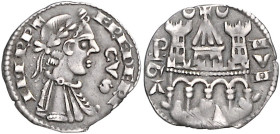 Italien-Bergamo, Stadt. 
Grosso da 4 denari, im Namen Friedrichs II. von Hohenstaufen (12./14. Jhd.), belorb. Brb. und Titel Friedrichs II./dreitürmi...
