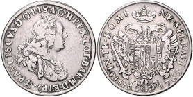 Italien-Toskana. 
Franz II. von Lothringen 1737-1765. Francescone da 10 Paoli 1765, Pisa, belorb., geharn. u. drap. Bü. re., in der Umschrift gekreuz...