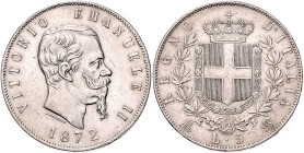 Italien-Königreich ab 1861. 
Vittorio Emanuele II. 1861-1878. 5 Lire 1872 M BN (Mailand), Silber. KM&nbsp;8.3. . 

winz. Rf., ss-vz