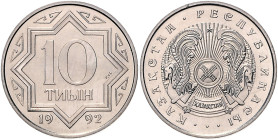 Kasachstan. 
Probe. 10 Tiyn 1992, CuNi, 31,0 mm, 11,39 g, glatter Rand, geprägt in der Münze Berlin. Schön&nbsp;3&nbsp;(Anmerk.). . 

stempelfrisch...