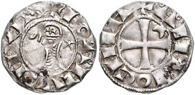 Kreuzfahrerstaaten. 
Antiochia (Fürstentum). 
Boemund III. 1149-1201. Bi-Denier (Denar), 1,04 g, Brb. mit Kreuzhelm u. Kettenhemd zwischen Halbmond ...