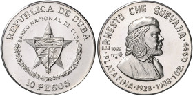 Kuba. 
10 Pesos 1988, Silber (1 oz 999 f.), 60. Geburtstag von Ernesto Ch\'e9 Guevara. Schön&nbsp;160, KM&nbsp;163. Aufl. 4.000 Ex., im OE mit Zert.....