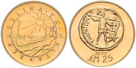 Malta. 
Republik seit 1974. 25 Pounds 1977, GOLD, Motiv: Antike Bronzemünze aus Gaulos (Gozo) mit Darstellung eines Kriegers. KM&nbsp;48, Schön&nbsp;...