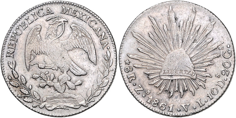 Mexiko. 
Erste Republik 1823-1864. 8 Reales 1861 Zs VL, Mzst. Zacatecas, 27,23 ...