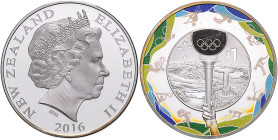 Neuseeland. 
Elisabeth II. 1952-2022. 1 Dollar 2016, Silber (1 Oz fein) mit orig. Farbdekor, Olympische Spiele in Rio. KM&nbsp;203. \'c2ufl. 2016 Ex....