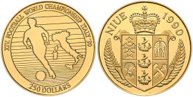 Niue. 
250 Dollars 1990, GOLD (10 g 916.7 f.), Fußball-WM in Italien. Schön&nbsp;58, KM&nbsp;54, Fb.&nbsp;13. Aufl. nur 2.500 Ex., mehrwertsteuerbefr...