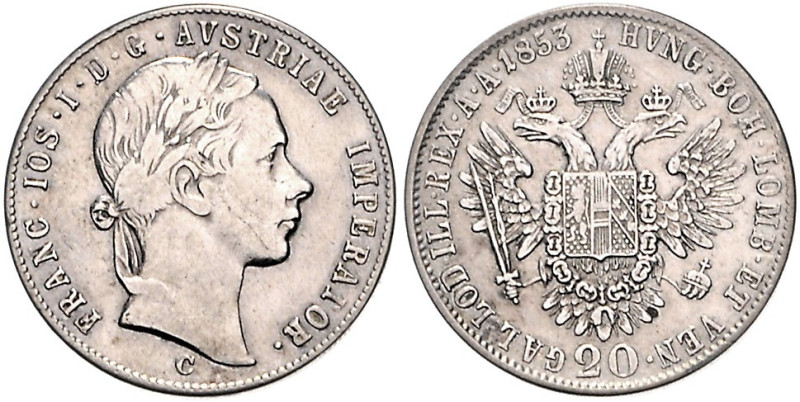 Österreich. 
Franz Joseph I. 1848-1916. 20 Kreuzer 1853 C, Prag. Jaeger/J.&nbsp...