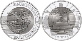 Österreich. 
Zweite Republik seit 1945. 100 Schilling 2001, Silber/Titan, Mobilität. in Orig.-Kapsel. 

PP