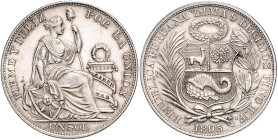 Peru. 
Republik seit 1821. 1 Sol 1895 LIMA TF, Silber. KM&nbsp;196.26, Schön&nbsp;13. . 

vz