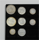 Polen. 
Zweite Republik 1918-1939. 8 verschied. Silbermünzen: 2 Zlote 1934, 5 Zl. 1933 u. 10 Zl. 1932, Polonia, 2 Zl. 1934, 5 Zl. 1934 u. 10 Zl. 1935...