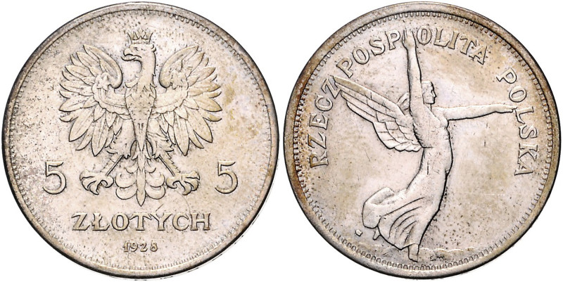 Polen. 
Zweite Republik 1918-1939. 5 Zlotych 1928, Nike, Silber. Par.&nbsp;114a...
