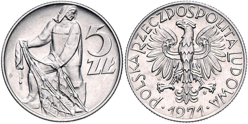 Polen. 
Volksrepublik. 5 Zloty 1971, Aluminium, Fischer mit Netz. Par.&nbsp;220...