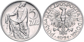Polen. 
Volksrepublik. 5 Zloty 1971, Aluminium, Fischer mit Netz. Par.&nbsp;220. R.. 

vz-stfr