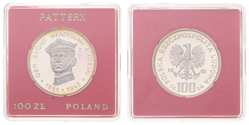 Polen. 
Volksrepublik. 100 Zl.-Probe 1981, Silber, Wladyslaw Sikorski. Par.&nbs...