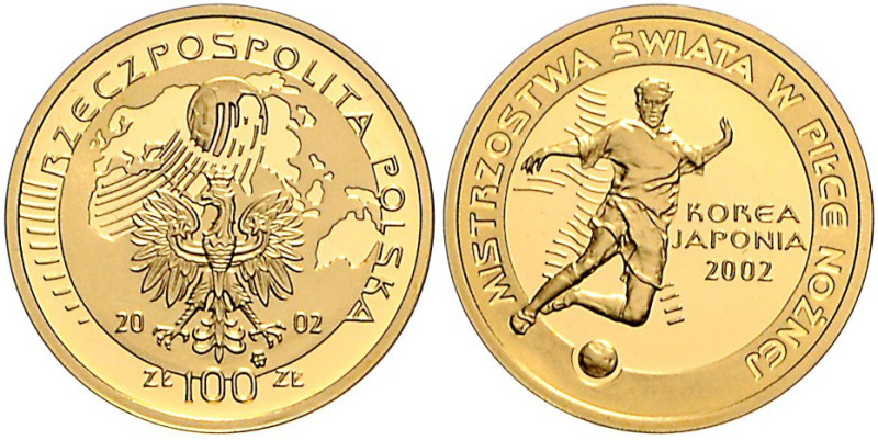 Polen. 
Dritte Republik seit 1989. 100 Zl. 2002, GOLD (8,0 g 900 f.), Fußball-W...