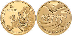 Polen. 
Dritte Republik seit 1989. 100 Zl. 2011, GOLD (8,0 g 900 f.), EU-Ratspräsidentschaft. Par.&nbsp;1227, Fi.&nbsp;KZ(100)&nbsp;034. Auflage nur ...