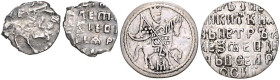 Russland. 
Peter I. der Große 1689-1725. Denga o.J., reitender Zar mit Säbel/Schrift, 0,35 g, und Kopeke o.J., Mzst. Moskau, reitender Zar mit Lanze/...