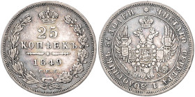 Russland. 
Nikolaus I. 1825-1855. 25 Kopeken 1849 SPB-PA. Usd.&nbsp;1671, Bitkin&nbsp;297. . 

ss-vz