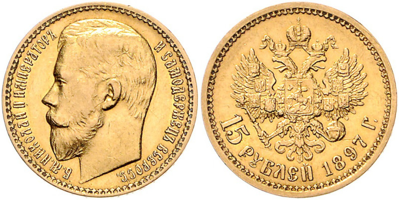 Russland. 
Nikolaus II. 1894-1917. 15 Rubel 1897 AG, GOLD. Usd.&nbsp;0322, Bitk...