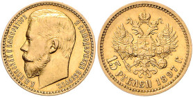 Russland. 
Nikolaus II. 1894-1917. 15 Rubel 1897 AG, GOLD. Usd.&nbsp;0322, Bitkin&nbsp;2, Fb.&nbsp;177. mehrwertsteuerbefreit.. 

f. vz