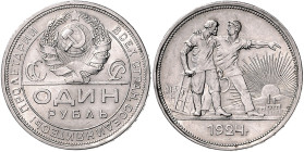 Russland. 
RSFSR/UdSSR 1917-1991. Rubel 1924 PL, Silber, 19,94 g. Par.&nbsp;58a, KM&nbsp;Y&nbsp;90.1. . 

vz