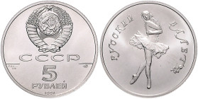 Russland. 
RSFSR/UdSSR 1917-1991. 5 Rubel 1991, Palladium (7,78 g 999 f.), Russisches Ballett. Par.&nbsp;227, KM&nbsp;268, Fb.&nbsp;B10. Aufl. nur 9....