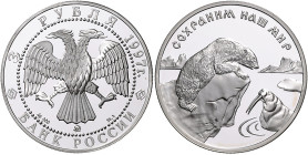 Russland. 
Russische Föderation seit 1991. 3 Rubel 1997, Silber (31,1 g 900 f.), Eisbär. Par.&nbsp;1056, Schön&nbsp;555, KM&nbsp;593. in Orig.-Kapsel...
