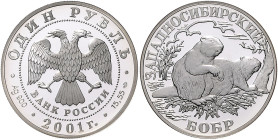 Russland. 
Russische Föderation seit 1991. 1 Rubel 2001, Silber, Serie "Rotes Buch", Westsibirischer Biber. Par.&nbsp;646, KM&nbsp;746. Auflage 7.500...