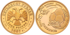 Russland. 
Russische Föderation seit 1991. 50 Rubel 2002, GOLD (8,64 g 900 f.), Fußball-WM 2002 in Korea u. Japan. Schön&nbsp;745, KM&nbsp;788, Fb.&n...