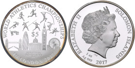 Salomonen. 
5 Dollars 2017, Silber (1 oz fein), Leichtathletik WM in London. in Kapsel. 

PP