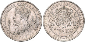 Schweden. 
Oskar II. 1872-1907. 2 Kronor 1897, Regierungsjubiläum, Silber. Schön&nbsp;120, KM&nbsp;762. . 

Vs. winzigste Kratzer, vz/f. stfr