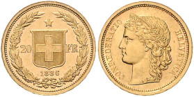 Schweiz-Eidgenossenschaft. 
20 Franken 1886 B, GOLD, Helvetia. HMZ&nbsp;2-&nbsp;1194b, Fb.&nbsp;495. mehrwertsteuerbefreit.. 

vz