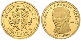 Togo. 
Republik seit 1960. 1500 Francs 2006, GOLD (1,24 g 999 f.), 250. Geburtstag von W. A. Mozart. Schön&nbsp;34, KM&nbsp;46. in Kapsel, mehrwertst...