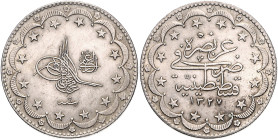 Türkei. 
Mehmet V. Resat 1909-1918. 20 Kurush 1917 (AH 1327, Jahr 9), Konstantinopel, Silber, 23,91 g. Schön&nbsp;326, KM&nbsp;780. . 

f. vz/vz