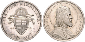 Ungarn. 
unter Regentschaft 1920-1946. 5 Pengö 1938, Silber, 900. Todestag des Hl. Stephan. Schön&nbsp;28. . 

winz. Rdu, vz-stfr