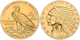 Vereinigte Staaten von Amerika. 
5 Dollars 1909 D, GOLD, Indian Head. KM&nbsp;129, Fb.&nbsp;151. mehrwertsteuerbefreit.. 

f. vz