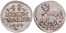 Anhalt/-Bernburg. 
Victor Friedrich 1721-1765. 1/48 Taler 1760, Harzgerode oder Bernburg, Kriegsgeld des Siebenjährigen Krieges. Mann&nbsp;665. . 
...