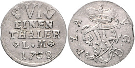 Anhalt/-Bernburg. 
Victor Friedrich 1721-1765. 1/6 Taler 1758, Harzgerode, Kriegsgeld, Namenschiffre unter Fürstenhut, "L.M" zwischen Rosetten. Mann&...