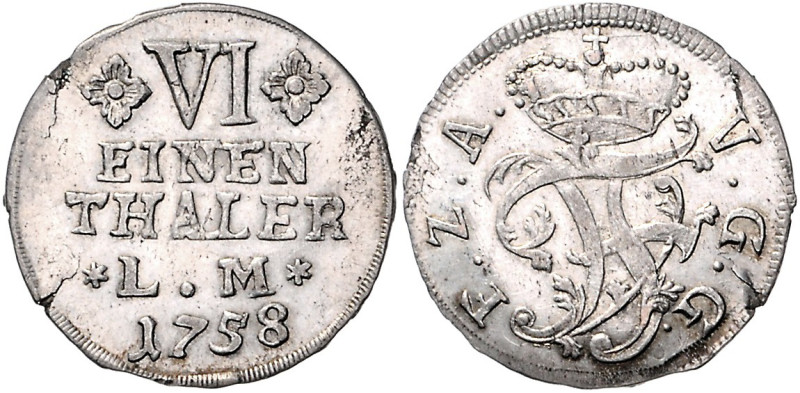 Anhalt/-Bernburg. 
Victor Friedrich 1721-1765. 1/6 Taler 1758, Harzgerode, Krie...