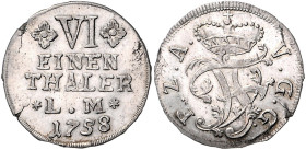 Anhalt/-Bernburg. 
Victor Friedrich 1721-1765. 1/6 Taler 1758, Harzgerode, Kriegsgeld, Namenschiffre unter Fürstenhut, "L.M" zwischen Sternen. Mann&n...
