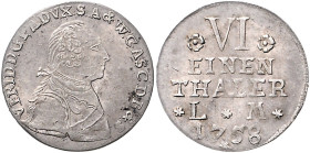 Anhalt/-Bernburg. 
Victor Friedrich 1721-1765. 1/6 Taler 1758, Harzgerode, Kriegsgeld, geharn. Brustbild mit glattem Zopf. Schön&nbsp;57. . 

ss-vz...