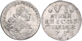 Anhalt/-Bernburg. 
Victor Friedrich 1721-1765. 1/6 Taler 1758, Harzgerode, Kriegsgeld, geharn. Brustbild im Mantel, mit losem Zopf. Schön&nbsp;64. . ...