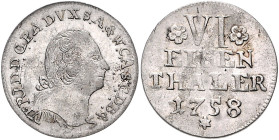 Anhalt/-Bernburg. 
Victor Friedrich 1721-1765. 1/6 Taler 1758, Bernburg, Kriegsgeld, geprägt 1761, auf Wertseite unten großer Stern statt "B", zu Man...