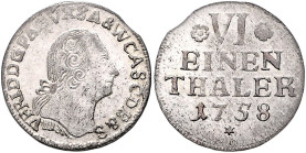 Anhalt/-Bernburg. 
Victor Friedrich 1721-1765. 1/6 Taler 1758, Bernburg, Kriegsgeld, geprägt 1761, auf Wertseite unten kleiner Stern statt "B", zu Ma...