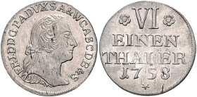 Anhalt/-Bernburg. 
Victor Friedrich 1721-1765. 1/6 Taler 1758, Bernburg, Kriegsgeld, geprägt 1761, auf Wertseite unten kleiner Stern statt "B", aber ...