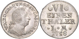Anhalt/-Bernburg. 
Victor Friedrich 1721-1765. 1/6 Taler 1758, Harzgerode, Kriegsgeld. Schön&nbsp;55. leicht variierend zu Los vor. 

winz. Sf, vz
