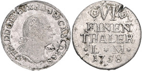 Anhalt/-Bernburg. 
Victor Friedrich 1721-1765. 1/6 Taler 1758, Harzgerode, Kriegsgeld, mit Punkt unter der Jz., das Portrait von Emanuel Ascher. Schö...
