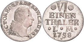 Anhalt/-Bernburg. 
Victor Friedrich 1721-1765. 1/6 Taler 1758, Harzgerode, Kriegsgeld, mit Punkt unter der Jz., zu Mann 628. Schön&nbsp;-. selten.. ...