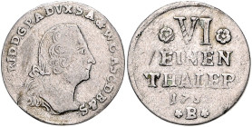 Anhalt/-Bernburg. 
Victor Friedrich 1721-1765. 1/6 Taler 1758 B, Harzgerode, Kriegsgeld. Schön&nbsp;58. . 

kleiner Sf am Rand, f. ss