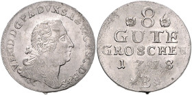 Anhalt/-Bernburg. 
Victor Friedrich 1721-1765. 8 Gute Groschen 1758 B, Harzgerode, Kriegsgeld, Wertseite mit großer Schrift, Wz. zwischen Rosetten, "...